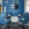 a room with blue chairs and modern wall art