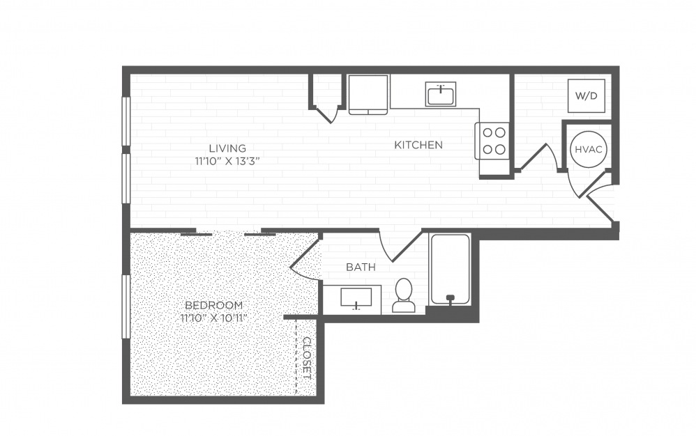 A2 - 1 bedroom floorplan layout with 1 bath and 631 square feet.