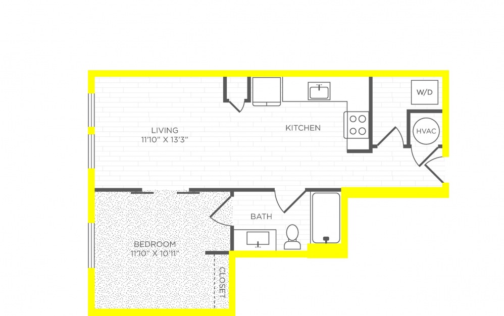 A2.P6* - 1 bedroom floorplan layout with 1 bath to 631 square feet.