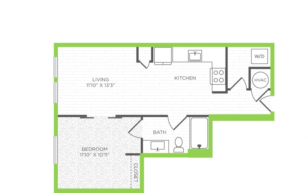 A2.P8* - 1 bedroom floorplan layout with 1 bath to 631 square feet.