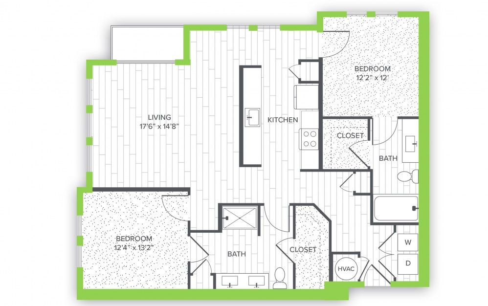 B1.P8* - 2 bedroom floorplan layout with 2 baths to 1192 square feet.
