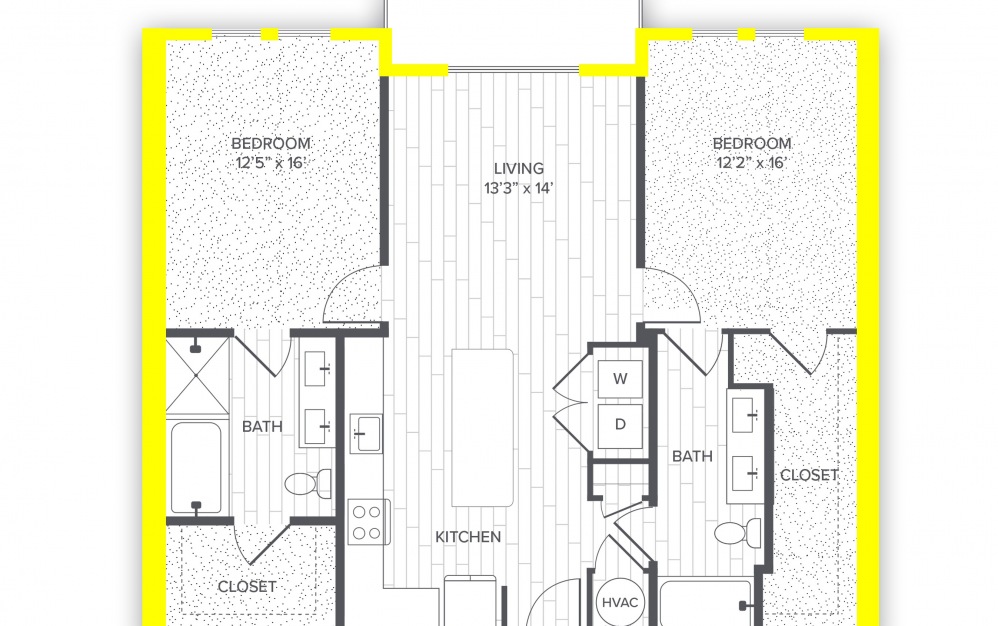 B2.P6* - 2 bedroom floorplan layout with 2 baths and 1210 to 1264 square feet.
