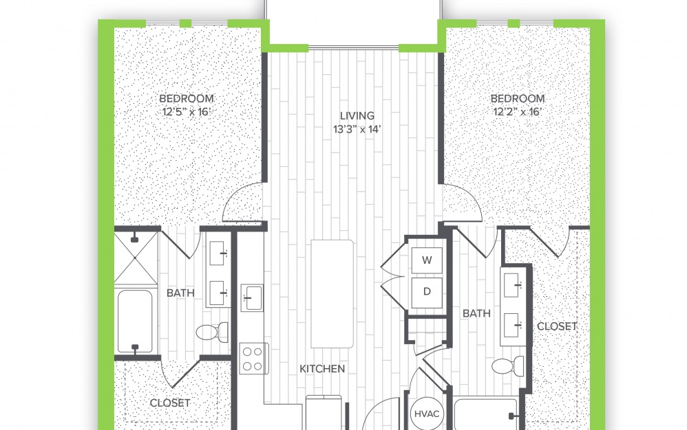 B2.P8* - 2 bedroom floorplan layout with 2 baths and 1210 to 1264 square feet.
