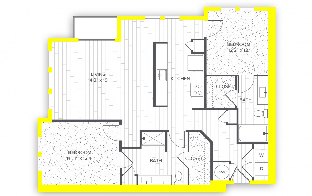 B3.P6* - 2 bedroom floorplan layout with 2 baths and 1238 to 1270 square feet.