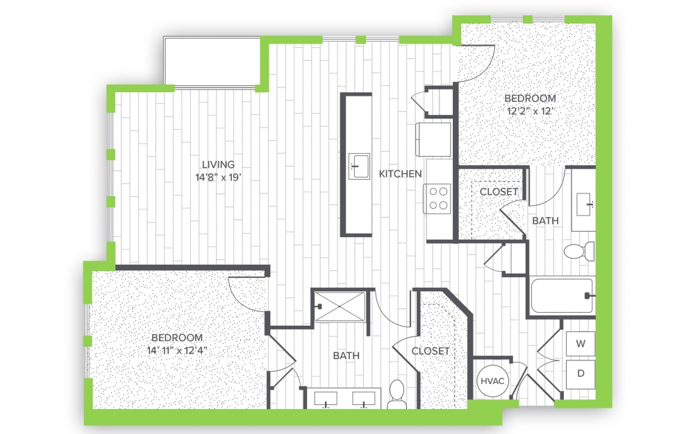 B3.P8* - 2 bedroom floorplan layout with 2 baths and 1238 to 1270 square feet.
