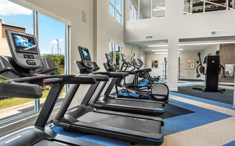 rows of treadmills in a high-ceiling fitness center room