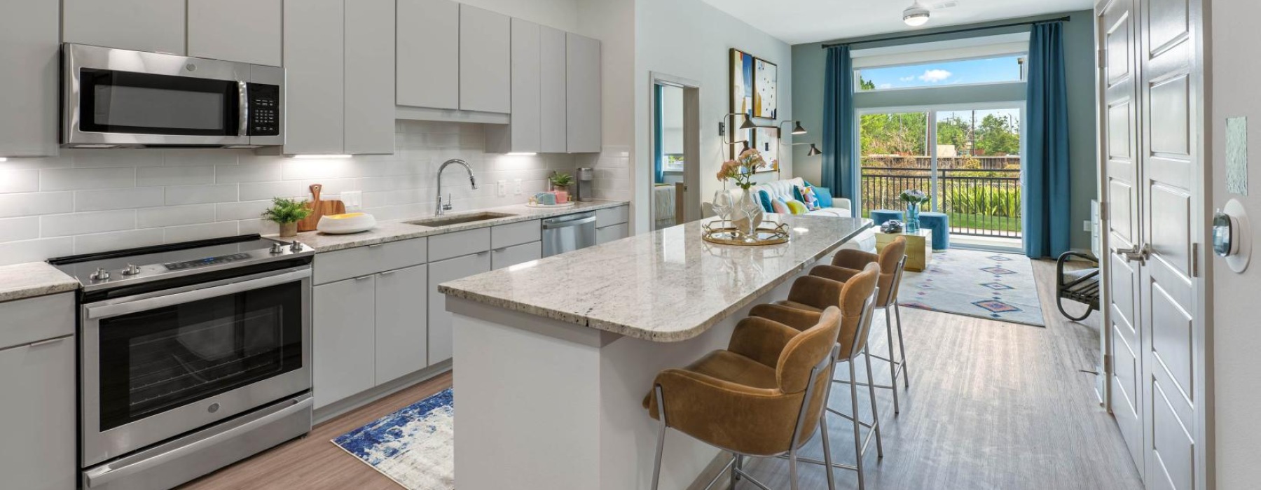 a kitchen with a large island