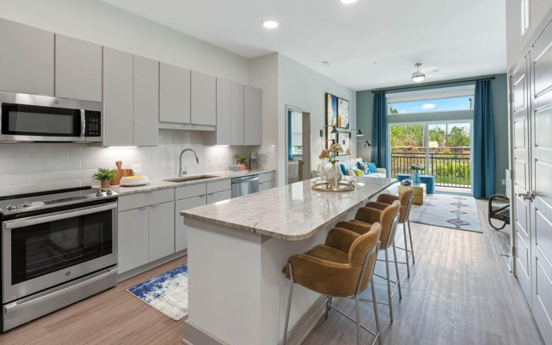 a kitchen with a large island