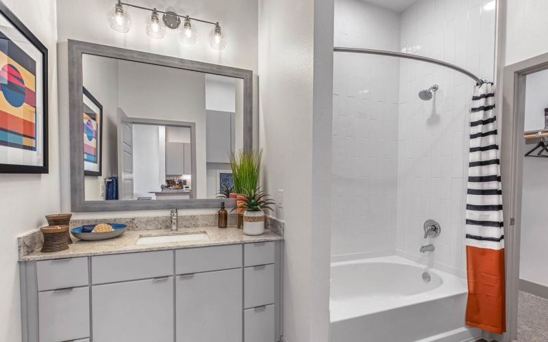 a bathroom with a tub sink and a mirror
